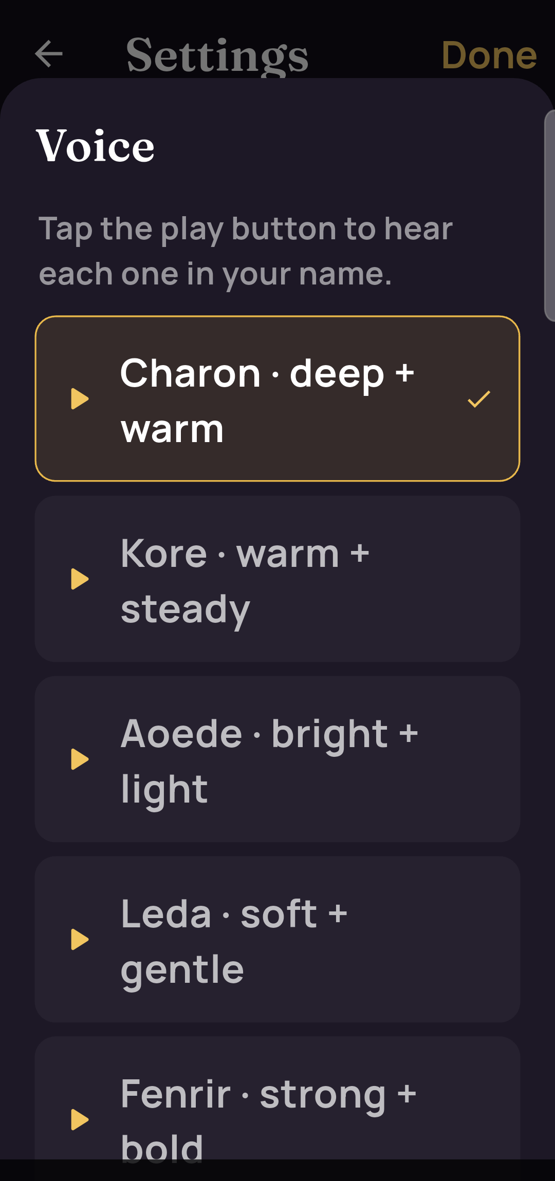 The voice picker in AffirmMyName listing twelve studio voices, each with a play button to preview it.