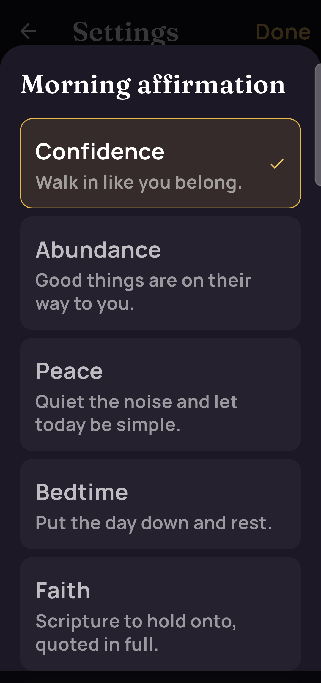 The affirmation category picker showing Confidence, Abundance, Peace, Bedtime and Faith.