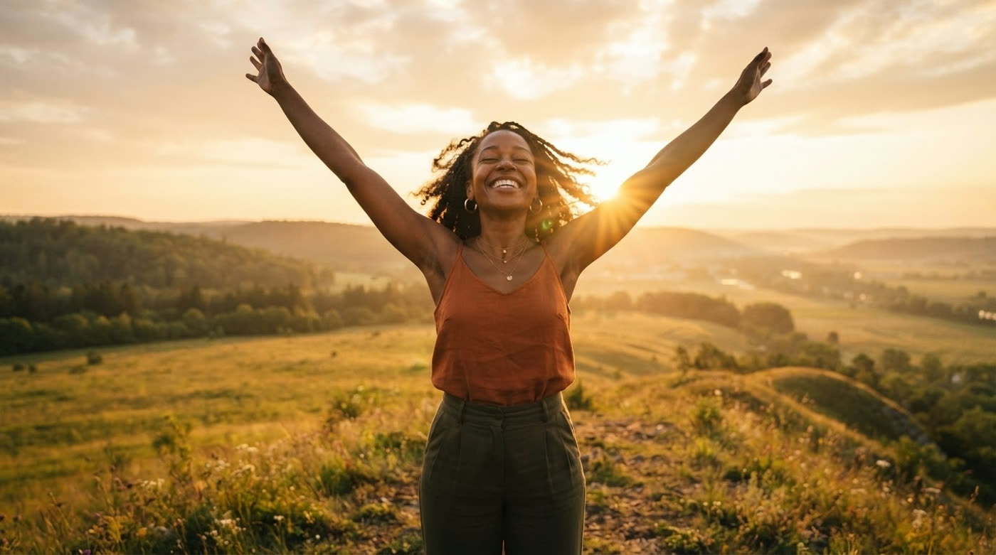 A joyful woman smiling with her arms raised toward a sunrise